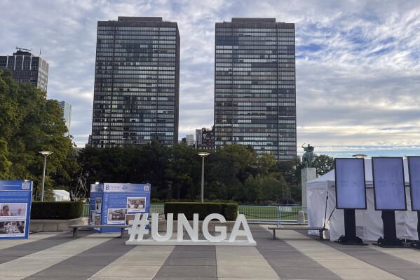 FILE - A "#UNGA" sign is on display at United Nations headquarters, Saturday, Sept. 24, 2022. (AP Photo/Ted Anthony, File)