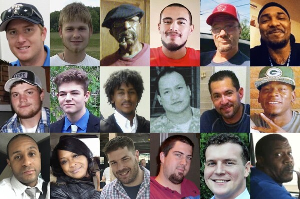 This combination of photos shows, top row from left, Anthony Timpa, Austin Hunter Turner, Carl Grant, Damien Alvarado, Delbert McNiel and Demetrio Jackson; second row from left, Drew Edwards, Evan Terhune, Giovani Berne, Glenn Ybanez, Ivan Gutzalenko and Mario Clark; bottom row from left, Michael Guillory, Robbin McNeely, Seth Lucas, Steven Bradley Beasley, Taylor Ware and Terrell 