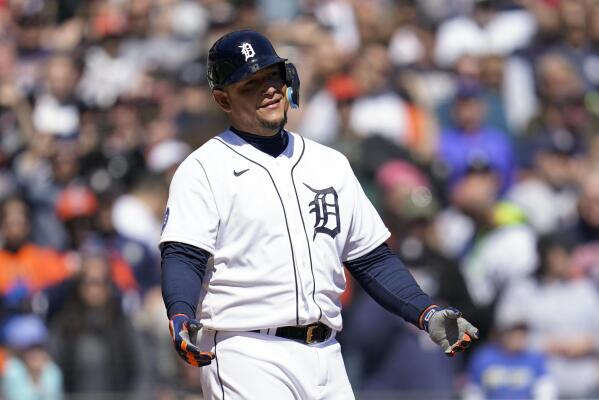 Miguel Cabrera of the Detroit Tigers watches from the dugout