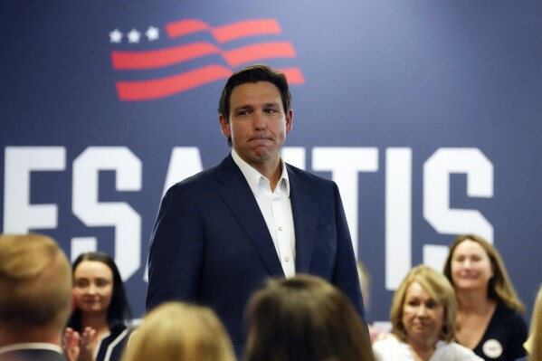 Republican presidential candidate Florida Gov. Ron DeSantis speaks during a campaign event on Monday, July 17, 2023, in Tega Cay, S.C. (AP Photo/Meg Kinnard)
