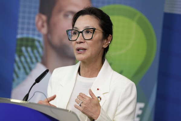 Oscar-winning actress and UNDP Goodwill Ambassador Michelle Yeoh addresses a media conference on road safety at EU headquarters in Brussels, Wednesday, Sept. 20, 2023. (AP Photo/Virginia Mayo)