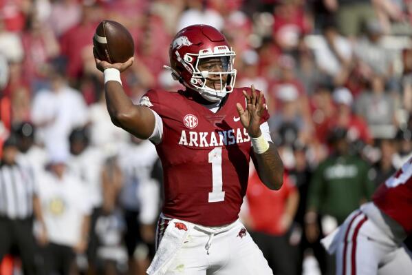 Arkansas quarterback KJ Jefferson (1) throws a pass against Cincinnati during the second half of an NCAA college football game Saturday, Sept. 3, 2022, in Fayetteville, Ark. (AP Photo/Michael Woods)