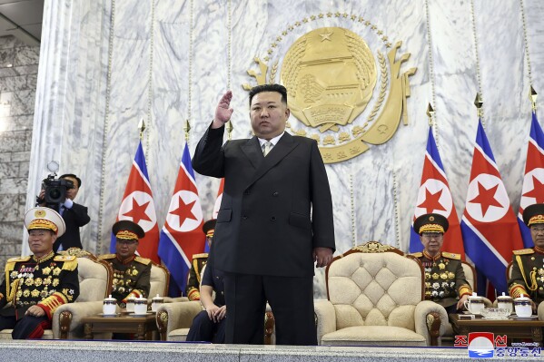 In this photo provided Saturday, Sept. 9, 2023, by the North Korean government, North Korea leader Kim Jong Un attends a paramilitary parade ceremony, marking North Korea’s 75th founding anniversary in Pyongyang, North Korea Friday, Sept. 8. Independent journalists were not given access to cover the event depicted in this image distributed by the North Korean government. The content of this image is as provided and cannot be independently verified. Korean language watermark on image as provided by source reads: 