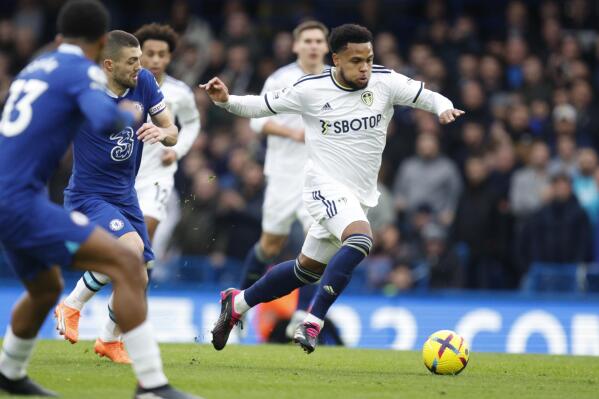FILE - Leeds United's Weston McKennie, right, and Chelsea's Mateo Kovacic, second from left, challenge for the ball during the English Premier League soccer match between Chelsea and Leeds United at at the Stamford Bridge stadium in London, Saturday, March 4, 2023. The San Francisco 49ers have reached an agreement to take over English soccer club Leeds with NBA players Larry Nance Jr. and T.J. McConnell joining the ownership group as minority investors. (AP Photo/David Cliff, File)