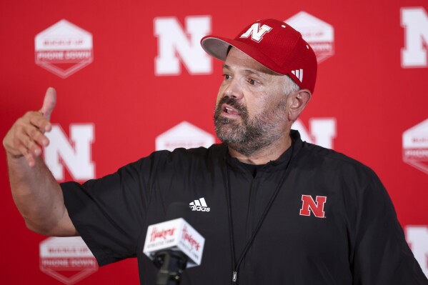 Nebraska football head coach Matt Rhule speaks during a news conference, Saturday, Aug. 12, 2023, in Memorial Stadium in Lincoln, Neb. (Nikos Frazier/Omaha World-Herald via AP)