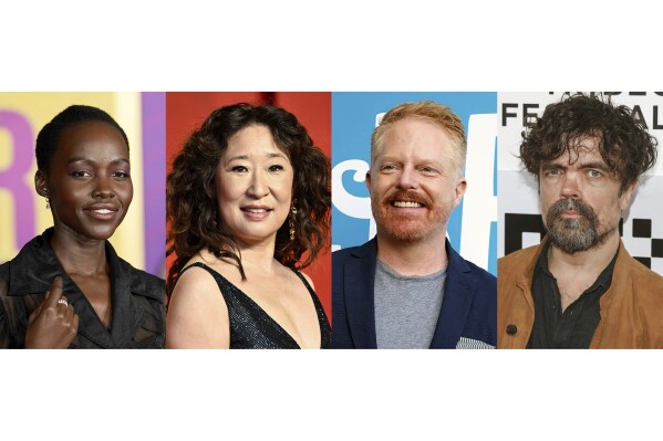 This combination of photos show, from left, Lupita Nyong’o, Sandra Oh, Jesse Tyler Ferguson and Peter Dinklage, who will help reopen the newly revitalized Delacorte Theater in Central Park in a free production of “Twelfth Night.” (AP Photo)