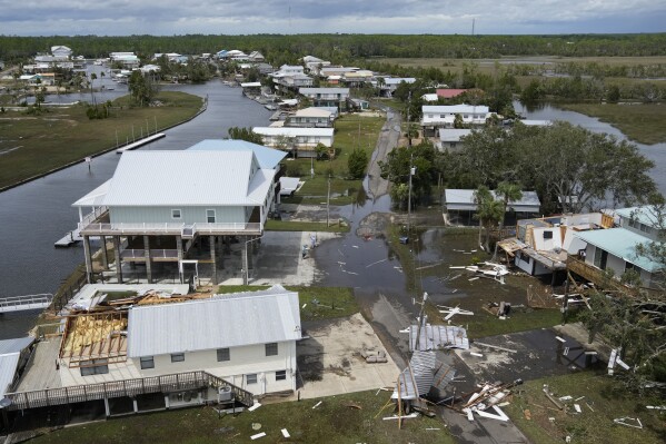 In this photo made in a flight provided by mediccorps.org, damaged homes are seen in Keaton Beach, Fla., following the passing of Hurricane Idalia, Wednesday, Aug. 30, 2023. (AP Photo/Rebecca Blackwell)