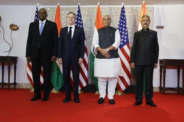 U.S. Defense Secretary Lloyd Austin, from left, Secretary of State Antony Blinken, India's Defense Minister Rajnath Singh and Foreign Minister Subrahmanyam Jaishankar pose for a photo as part of the so-called "2+2 Dialogue" at the foreign ministry in New Delhi, India, Friday, Nov. 10, 2023. (Jonathan Ernst/Pool Photo via AP)