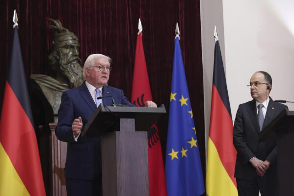 German President Frank-Walter Steinmeier, left, speaks next to his Albanian counterpart Bajram Begaj during a join news conference and after their meeting in Tirana, Albania, Thursday, Dec. 1, 2022. Steinmeier is on a two-day official visit to Albania. (AP Photo/Franc Zhurda)