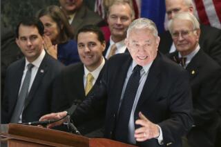 FILE - In this Jan. 31, 2017, file photo, former Wisconsin Gov. Tommy Thompson speaks at the State Capitol in Madison, Wis. University of Wisconsin System President Tommy Thompson pushed back Tuesday, Aug. 24, 2021, against Republican lawmakers who claim campuses need their permission to implement COVID-19 policies, insisting university leaders don't need legislative approval to manage the system — a major break from his party's stance against pandemic protocols. (Michael P. King/Wisconsin State Journal via AP, File)