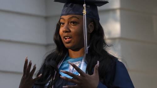 Nylla Miller speaks during an interview with The Associated Press before she departs for her high school graduation ceremony from her home in Aldan, Pa., Thursday, June 15, 2023. (AP Photo/Matt Rourke)