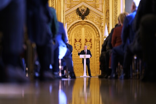 Russia President Vladimir Putin delivers a speech as he meets his authorised representatives for the presidential election campaign in the Andreyevsky Hall of the Great Kremlin Palace, in Moscow, Russia, Wednesday, March 20, 2024. (AP Photo/Alexander Zemlianichenko)