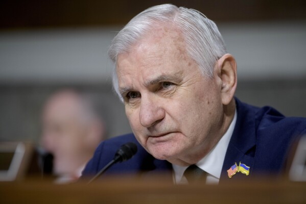 Ranking Member Sen. Jack Reed, D-R.I. speaks during a Senate Committee on Armed Services hearing on Capitol Hill, Tuesday, April 1, 2025, in Washington. (AP Photo/Rod Lamkey, Jr.)