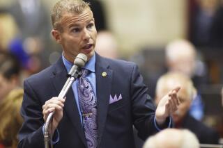 FILE - Rep. Rick Brattin, R-Harrisonville, debates points of the legislation in Jefferson City, Mo., Sept. 14, 2016. A new Missouri law spearheaded by now-Senator Brattin outlawing books with sexually explicit images from school libraries is set to take effect Sunday, Aug. 28, 2022. (Julie Smith/The Jefferson City News-Tribune via AP, File)