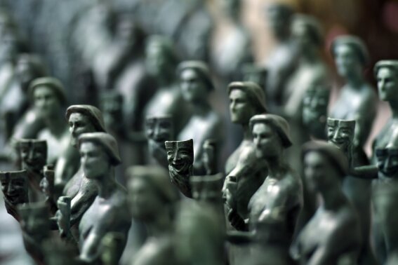 Finished Actor statuettes are pictured following the 24th Annual Casting of the Screen Actors Guild Statuette at the American Fine Arts Foundry in Burbank, Calif. (Photo by Chris Pizzello/Invision/AP)
