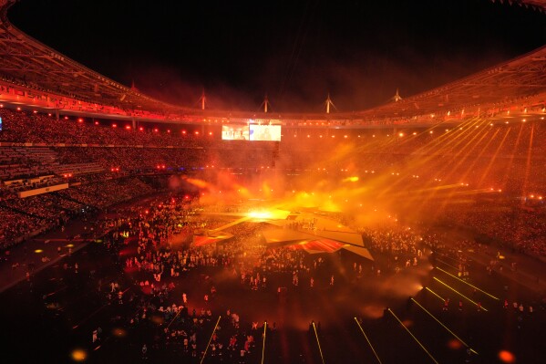 A view of the venue during the 2024 Summer Olympics closing ceremony at the Stade de France, Sunday, Aug. 11, 2024, in Saint-Denis, France. (AP Photo/Martin Meissner)