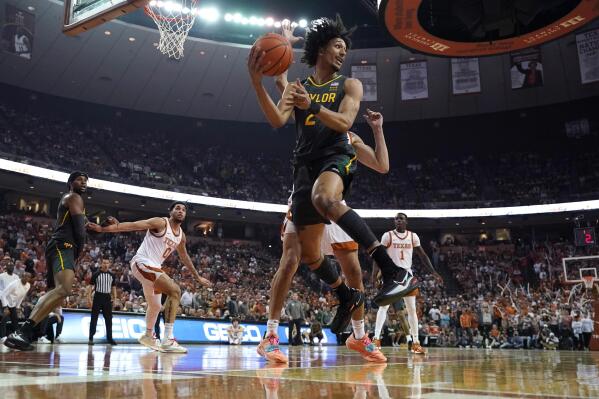 Baylor guard Kendall Brown (2) looks to pass during the first half of the team's NCAA college basketball game against Texas, Monday, Feb. 28, 2022, in Austin, Texas. (AP Photo/Eric Gay)