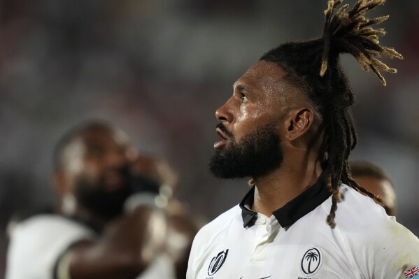 Fiji's captain Waisea Nayacalevu reacts at the end of the Rugby World Cup Pool C match between Wales and Fiji at the Stade de Bordeaux in Bordeaux, France, Sunday, Sept. 10, 2023. Wales beat Fiji by 32-26. (AP Photo/Themba Hadebe)
