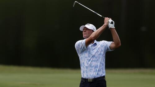 Steve Stricker hits an approach shot to the ninth green during the final round of a Champions Tour golf tournament, Sunday, May 14, 2023, in Hoover, Ala. (AP Photo/Butch Dill)