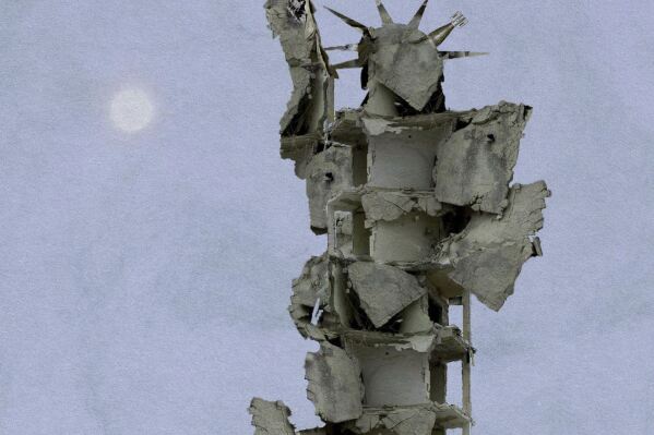 In this photo illustration provided by Tammam Azzam, fragments of photographs showing destroyed buildings in Syria were combined using Photoshop to create an image resembling the Statue of Liberty. (Tammam Azzam via AP)