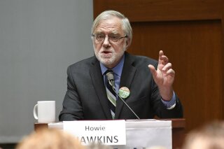 FILE - In this Nov. 1, 2018 file photo, Green Party gubernatorial candidate, Howie Hawkins, takes part in a debate sponsored by the League of Women Voters at The College of Saint Rose in Albany, N.Y. The state Supreme Court ruled Thursday, Sept. 17, 2020, that Hawkins, the Green Party's candidate for president, did not strictly follow procedures for getting on Pennsylvania's ballot in the November election and cannot appear on it, delivering a win for Democrats as Joe Biden tries to capture the battleground state's electoral votes. (AP Photo/Hans Pennink, File)