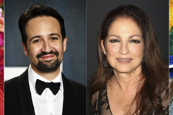 This combination photo shows, Chita Rivera, from left, Lin-Manuel Miranda, Gloria Estefan and Thalia, who will participate in a benefit digital concert in October to celebrate Latino culture and ac...