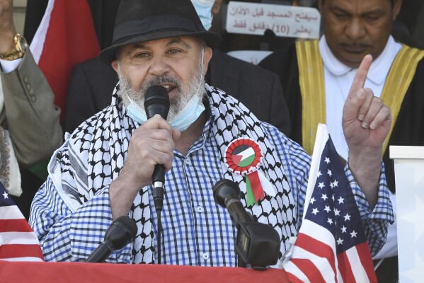 Imad Hamad, executive Director of the American Human Rights Council (AHRC) speaks during a news conference outside the AMS Mosque in Dearborn, Mich., May 18, 2021. (Daniel Mears /Detroit News via AP, File)
