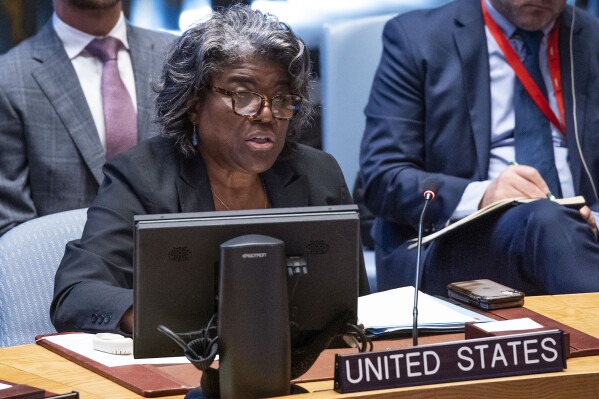 Linda Thomas-Greenfield, United States ambassador to the United Nations speaks during the UN Security Council meeting to discuss the maintenance of peace and security of Ukraine, Friday, July 21, 2023, at United Nations headquarters. (AP Photo/Eduardo Munoz Alvarez)