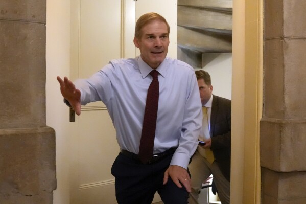 Rep. Jim Jordan, R-Ohio, enters of the offices of the Speaker of the House after Republicans failed for a second time to elect him to be the new House speaker, at the Capitol in Washington, Wednesday, Oct. 18, 2023. (AP Photo/Mark Schiefelbein)