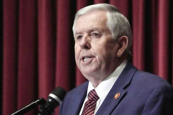 FILE - Missouri Gov. Mike Parson delivers the State of the State address on Jan. 18, 2023, in Jefferson K-12 students from low-income families across Missouri soon will have access to private school scholarships under legislation signed Tuesday, May 7, 2024, by Parson. (AP Photo/Jeff Roberson, File)
