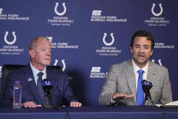 Indianapolis Colts interim coach Jeff Saturday speaks as owner Jim Irsay listens during a news conference at the NFL football team's practice facility Monday, Nov. 7, 2022, in Indianapolis. (AP Photo/Darron Cummings)