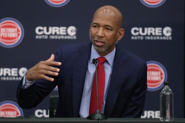 Monty Williams is introduced as the Detroit Pistons' basketball coach during a news conference Tuesday, June 13, 2023, in Detroit. (AP Photo/Carlos Osorio)