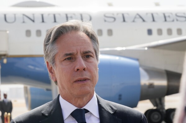 US Secretary of State Antony Blinken, speaks to reporters after his meeting with Egyptian President Abdel-Fattah el-Sissi, at Cairo airport, Egypt, Monday, June 10, 2024. (ĢӰԺ Photo/Amr Nabil, Pool)