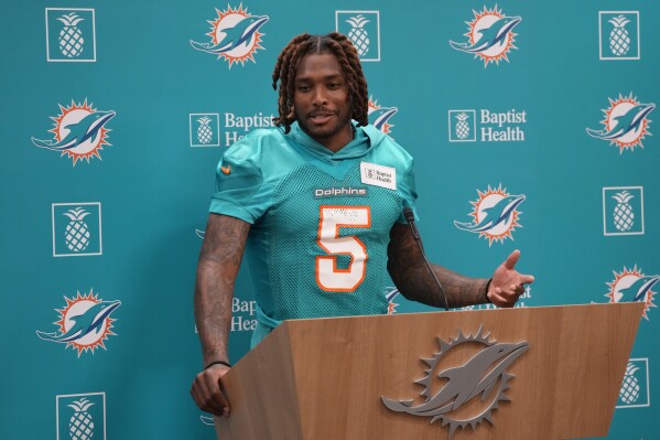 Miami Dolphins cornerback Jalen Ramsey speaks during a news conference at the NFL football team's training facility, Tuesday, July 25, 2023, in Miami Gardens, Fla. (AP Photo/Wilfredo Lee)