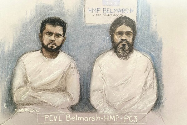 This court artist sketch by Elizabeth Cook shows Sara Sharif's father Urfan Sharif, right, and her uncle Faisal Malik appearing via video-link, from Belmarsh prison, at the Old Bailey in London, Thursday, Dec. 14, 2023 as three members of her family have pleaded not guilty to her murder. The father, stepmother and uncle of a 10-year-old girl found dead in her U.K. home have pleaded not guilty to murder charges. Sara Sharif’s body was discovered under a blanket in a bunk bed at her home in southern England on Aug. 10. (Elizabeth Cook/PA via AP)