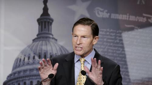 FILE - Sen. Richard Blumenthal, D-Conn., speaks during a news conference on Feb. 16, 2023, on Capitol Hill in Washington. Sen. Blumenthal is expected to be discharged from a hospital following surgery on a minor leg fracture he suffered during a victory parade for the national champion University of Connecticut men’s basketball team over the weekend. A spokesperson for the 77-year-old Connecticut Democrat says he will be released from Stamford Hospital on Monday, April 10 after having surgery on his upper femur Sunday. (AP Photo/Mariam Zuhaib, File)