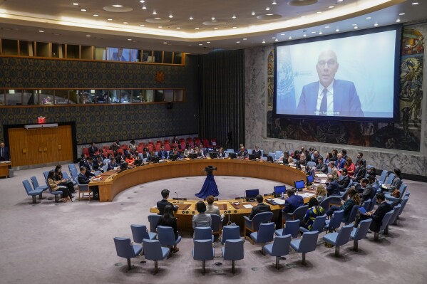 Volker Turk, United Nations High Commissioner for Human Rights, speaks via video call after Linda Thomas-Greenfield, United States Ambassador to the United Nations, sitting president of the United Nations Security Council, gavels in a meeting of the council to discuss the situation in the Democratic People's Republic of Korea, Thursday, Aug. 17, 2023, at United Nations headquarters. (AP Photo/John Minchillo)