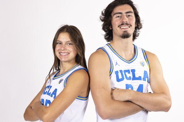 This handout provided by UCLA Athletics shows Gabriela Jaquez and Jaime Jaquez Jr. posed at Pauley Pavilion on the campus of UCLA in Los Angeles, Aug. 23, 2022 It has been a great season so far for No. 4 UCLA and Jaime Jaquez Jr. Not only does the senior have a chance at winning Pac-12 Player of the Year honors, but this season has been extra special because his sister Gabriela is in her first year on the Bruins women's basketball team. (Jan Kim Lim/UCLA Athletics via AP)