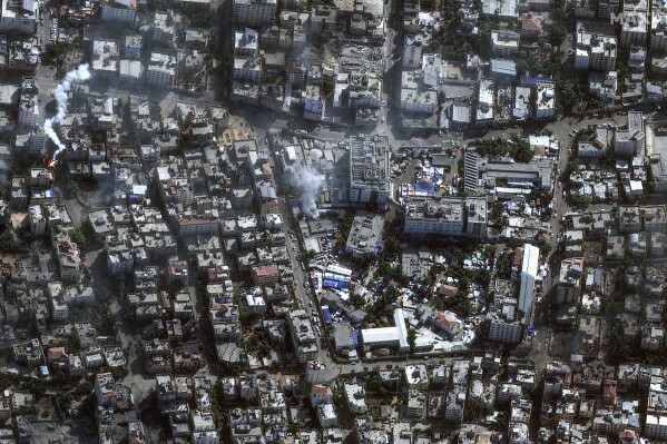 This image provided by Maxar Technologies shows al-Shifa hospital and surroundings in Gaza City, Saturday, Nov. 11, 2023. (Satellite image ©2023 Maxar Technologies via AP)