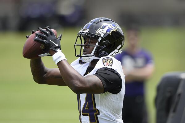 Baltimore Ravens wide receiver Sammy Watkins catches a pass during NFL football organized team activities Wednesday, June 2, 2021, in Owings Mills, Md.(AP Photo/Gail Burton)