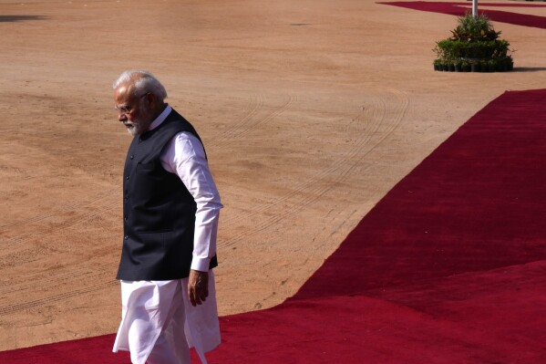 FILE- Indian Prime Minister Narendra Modi arrives to receive Tanzanian President Samia Suluhu Hassan at the Indian presidential palace, in New Delhi, India, Oct. 9, 2023. Two Indian states, Chhattisgarh and Mizoram began voting in local elections Tuesday in a test of strength for India’s opposition that is pitted against Modi’s ruling party, ahead of a crucial national vote scheduled for next year. (AP Photo/Manish Swarup, File)