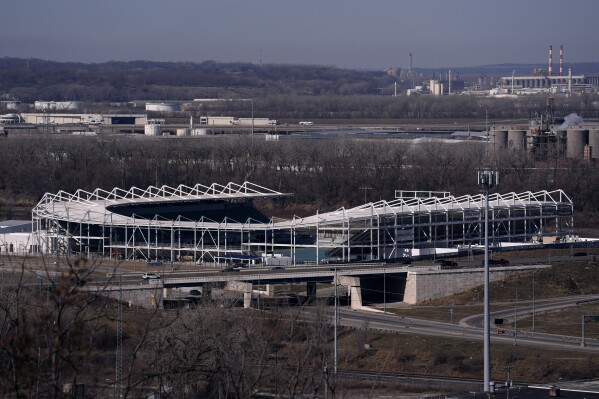 Work continues on a the new Kansas City Current soccer stadium Sunday, Feb. 25, 2024, in Kansas City, Mo. The National Women's Soccer League team will open their season on March 16 in the new stadium which is the first built specifically for a professional woman's soccer team. (AP Photo/Charlie Riedel)