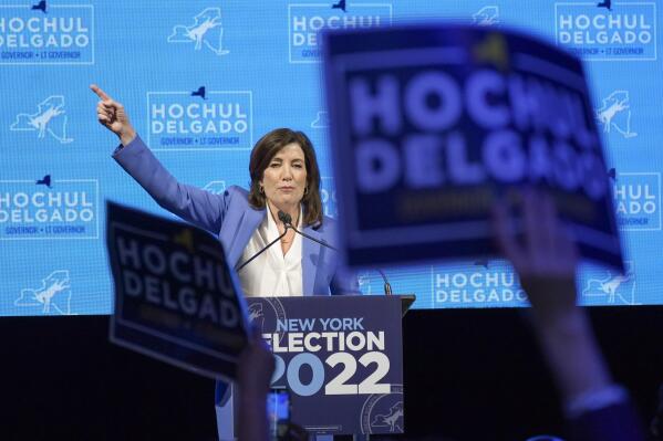 New York Gov. Kathy Hochul speaks to supporters during her election night party, Tuesday, Nov. 8, 2022, in New York. (AP Photo/Mary Altaffer)