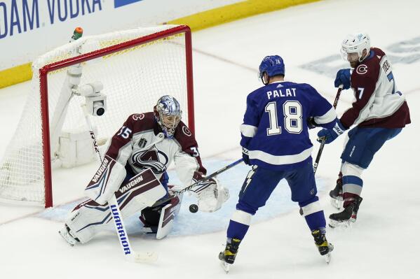 Colorado Avalanche goaltender Darcy Kuemper (35) makes a save on a shot from Tampa Bay Lightning left wing Ondrej Palat (18) during the first period of Game 3 of the NHL hockey Stanley Cup Final on Monday, June 20, 2022, in Tampa, Fla. (AP Photo/Chris O'Meara)