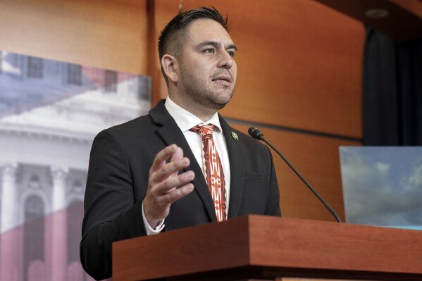FILE - Rep. Gabe Vasquez, D-N.M., speaks during a news conference to announce the bipartisan Southwest Caucus, June 15, 2023, on Capitol Hill in Washington. The New Mexico Supreme Court upheld a Democratic-drawn congressional map that divvied up a conservative, oil-producing region and reshaped a swing district along the U.S. border with Mexico, in an order published Monday, Nov. 27. The Republican Party argued unsuccessfully that the new district boundaries would entrench Democratic officials in power, highlighting the 2022 defeat of incumbent GOP Congresswoman Yvette Herrell by Vasquez. (AP Photo/Mariam Zuhaib, File)