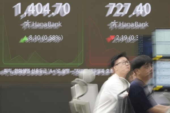 Dealers watch computer monitors near the screens showing the foreign exchange rate between U.S. dollar and South Korean won, left, and the Korean Securities Dealers Automated Quotations (KOSDAQ) at a dealing room of Hana Bank in Seoul, South Korea, Friday, May 9, 2025. (AP Photo/Lee Jin-man)