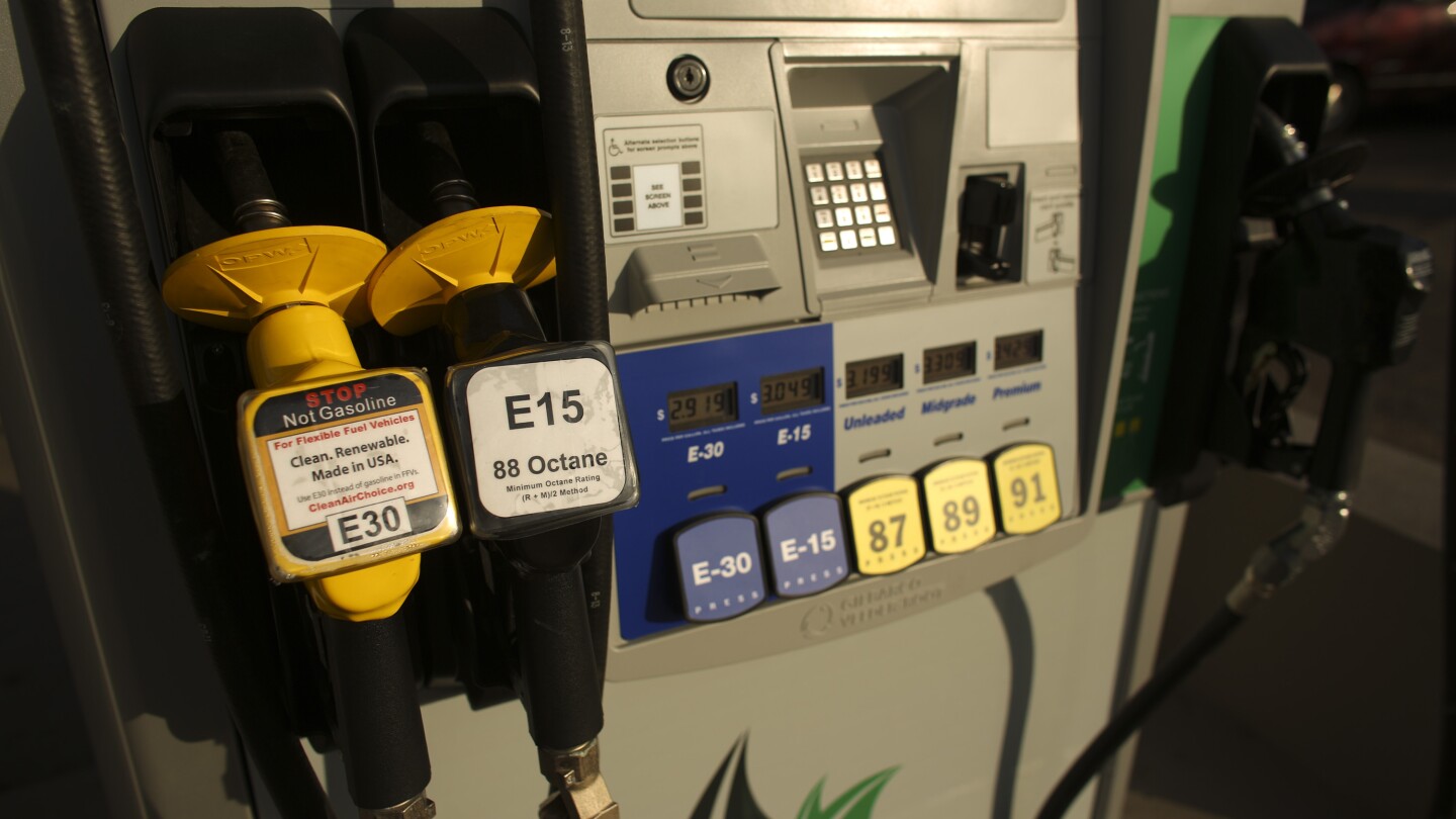 An E15 nozzle is displayed on a pum at service station in Minneapolis, Monday, Oct. 28, 2013 photo. The Environmental Protection Agency cleared the wa