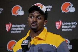 FILE - Cleveland Browns quarterback Deshaun Watson talks during a news conference after an NFL football game against the Philadelphia Eagles, Oct. 13, 2024, in Philadelphia. (AP Photo/Matt Rourke, File)