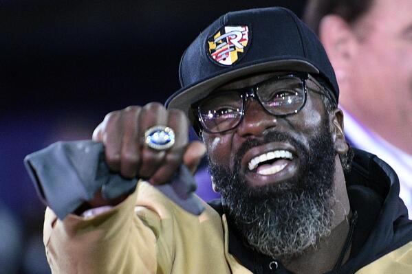 FILE - In this Nov. 3, 2019, file photo, former Baltimore Ravens safety Ed Reed displays his Pro Football Hall of Fame ring during a halftime ceremony at an NFL football game between the Ravens and the New England Patriots in Baltimore. The Ed Reed Foundation announced on social media Saturday, Jan. 21, 2023, that Bethune-Cookman declined to ratify Reed's contract and “won't make good on the agreement we had in principle, which had provisions and resources best needed to support the student athletes.” (AP Photo/Nick Wass, File)