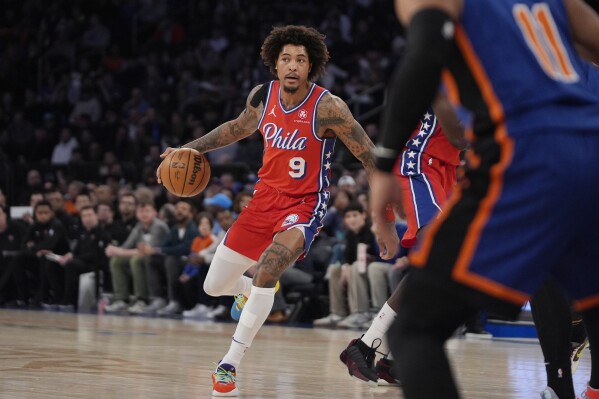 Philadelphia 76ers guard Kelly Oubre Jr. (9) looks to pass during the first half of an NBA basketball game against the New York Knicks in New York, Sunday, March 10, 2024. (AP Photo/Peter K. Afriyie)